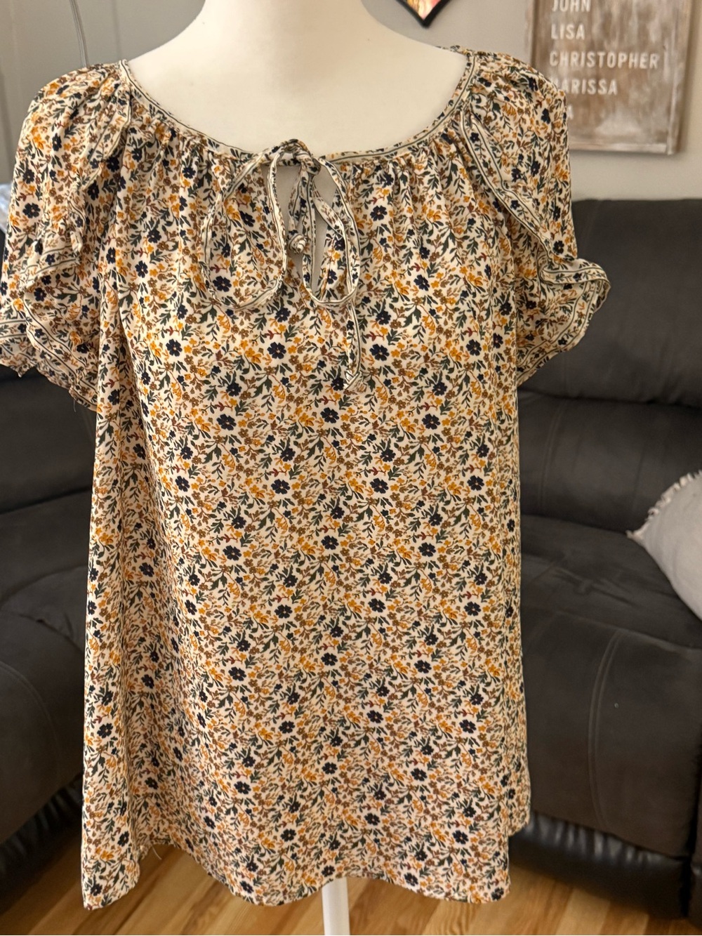 Max Studio Cream Floral Tie-Neck Short Sleeve Blouse with Mustard & Navy Accents